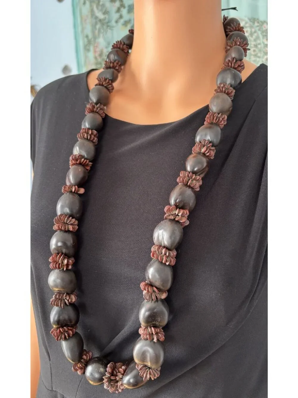 Vintage Hawaiian Lei Kukui Nut And Seeds Necklace With Ribbon Closure, Hand-Made - Picture 5 of 16